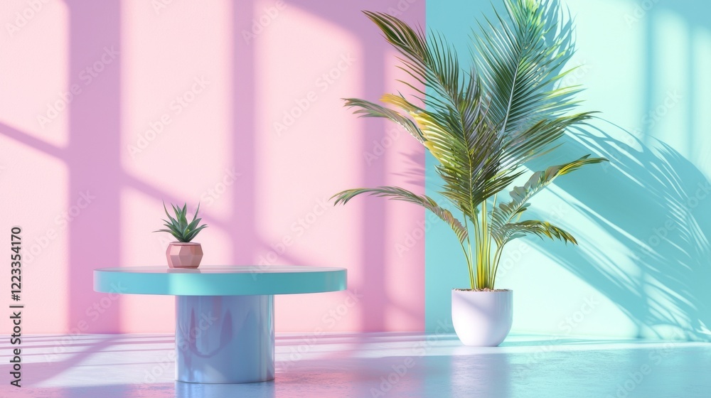 Modern minimalist decor with pastel furniture and palm plant Modern minimalist decor with pastel furniture and palm plant