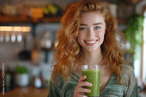 Stunningly cheerful girl stands in the kitchen with a glass of a health benefits green detox in her hand and an ad spot nearby, Generative AI.