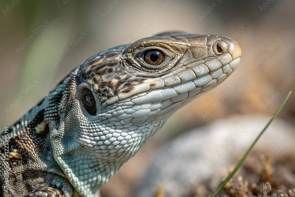 Close-up of a lizard's head, showing detailed scales and eye. Close-up of a lizard's head, showing detailed scales and eye.