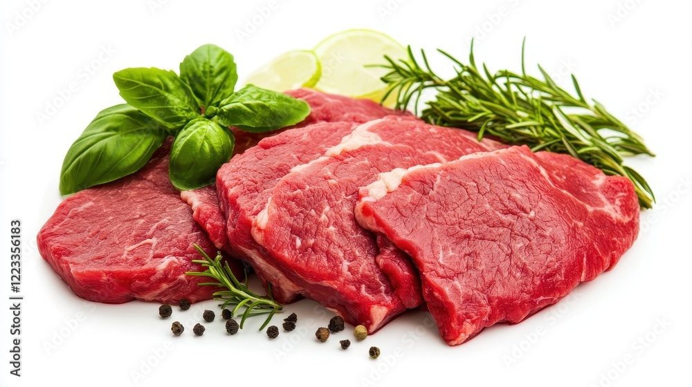 Fresh Raw Beef Cuts with Herbs and Citrus on White Background Fresh Raw Beef Cuts with Herbs and Citrus on White Background