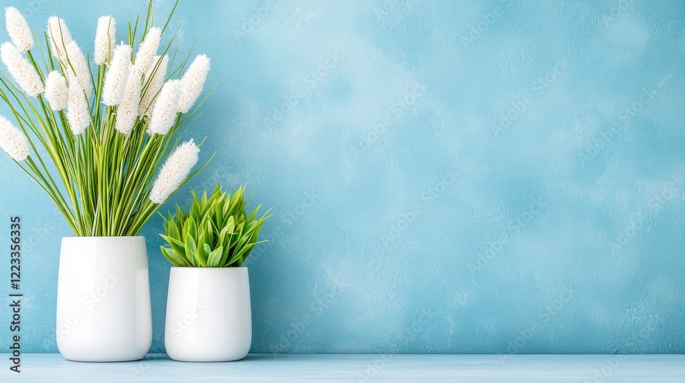 White plants in pots against blue wall; home decor White plants in pots against blue wall; home decor