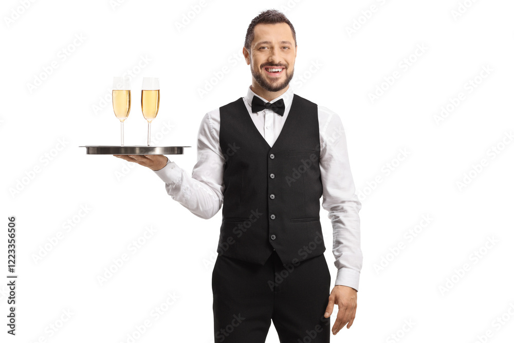 Waiter holding a tray with glasses of white wine Waiter holding a tray with glasses of white wine