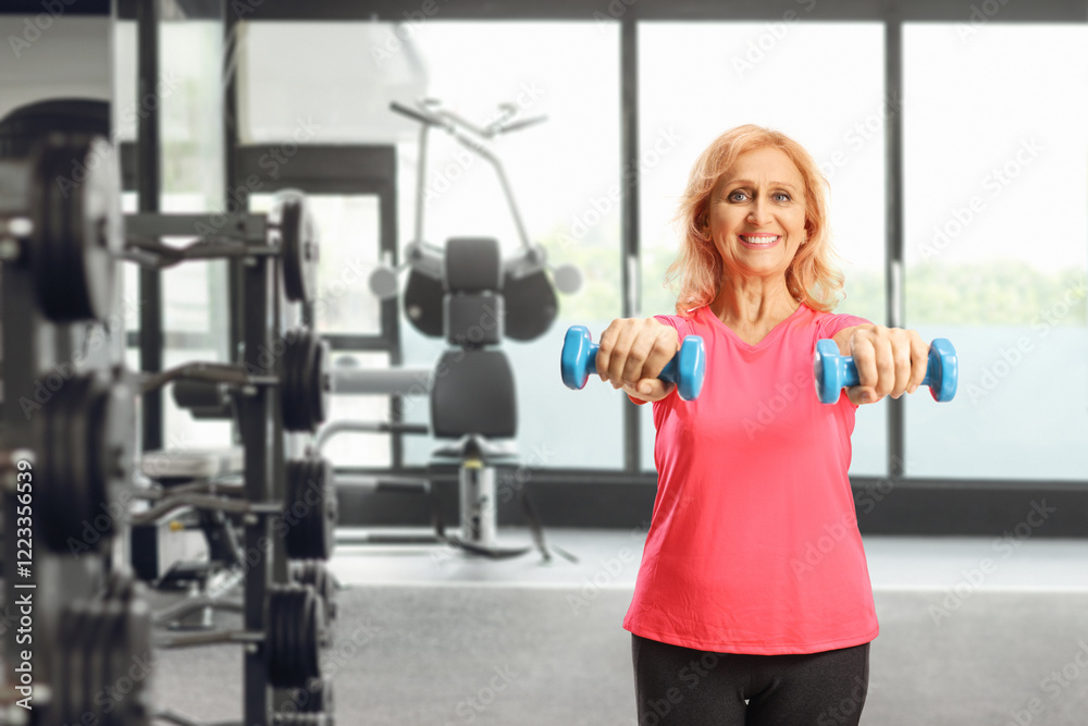 Middle aged woman exercising with dumbbells Middle aged woman exercising with dumbbells