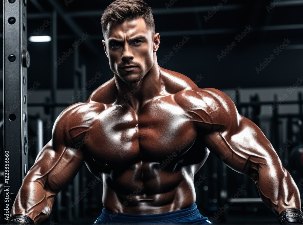 Muscular athlete poses confidently in a gym filled with fitness equipment during a midday workout session Muscular athlete poses confidently in a gym filled with fitness equipment during a midday workout session