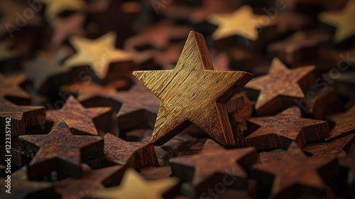 A captivating close-up image of wooden star shapes featuring one distinct gold star, set against a sea of vintage brown stars to create an artistic and charming compositi photo