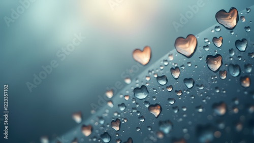 A close-up of a transparent glass surface covered with Heart-shaped water droplets on a fogged glass surface, glowing softly against a blurred cloudy sky, blending intimacy and elegance for romantic v