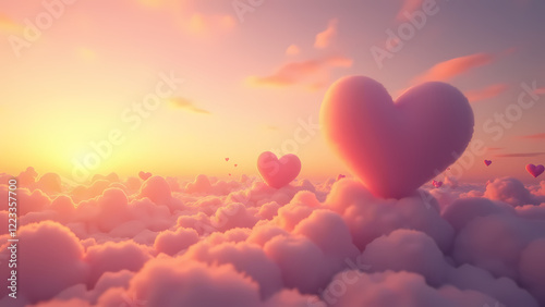 Heart-shaped clouds glowing softly in a gradient sunset sky of orange, pink, and lavender, creating a dreamy and tranquil romantic atmosphere.