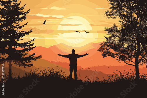 Silhouette of Person Standing in Reverence, Hands Clasped in Prayer, Nature Background