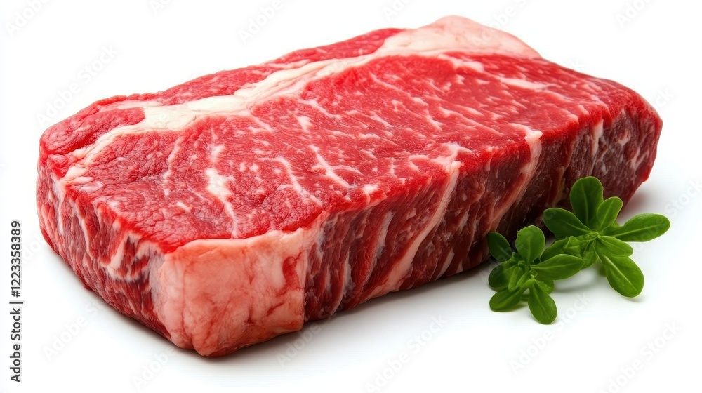 Fresh Raw Beef Steak with Rich Marbling and Green Herb Accent Fresh Raw Beef Steak with Rich Marbling and Green Herb Accent