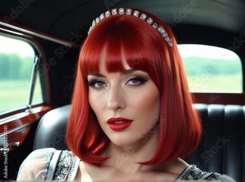 Elegant woman with striking red hair sits confidently in vintage car interior during daylight photo