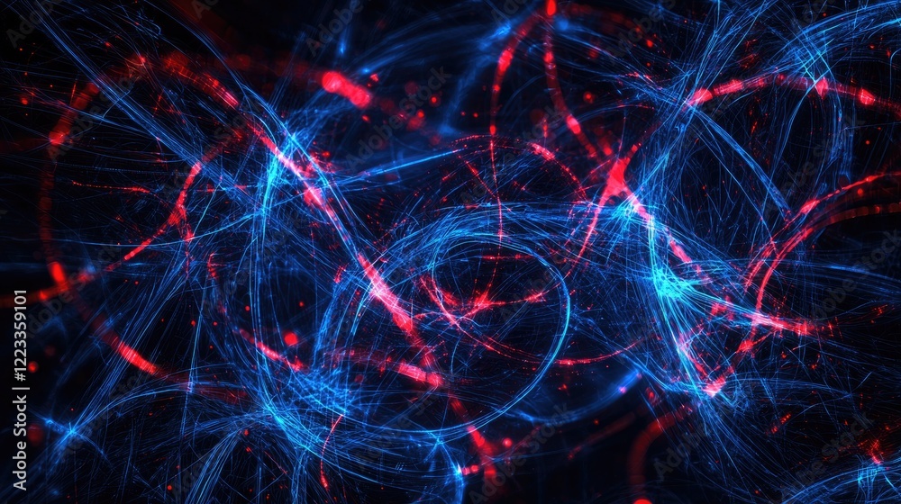 Fototapeta premium Explore this mesmerizing digital abstract background featuring glowing blue and red lines intertwined with circuit patterns, perfect for technology-related design project