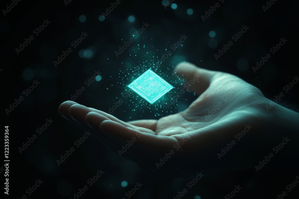 Hand holding glowing diamond with sparkles in dark background, symbolizing magic and technology at night