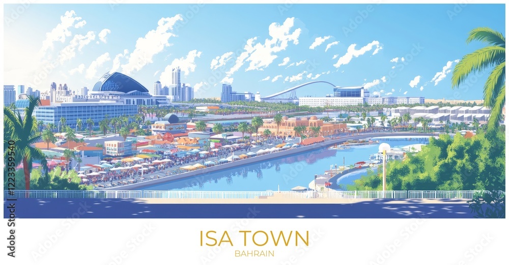 Fototapeta premium Isa town Bahrain Travel Poster Flat Illustration Print Decor Gift Canvas Wall Art