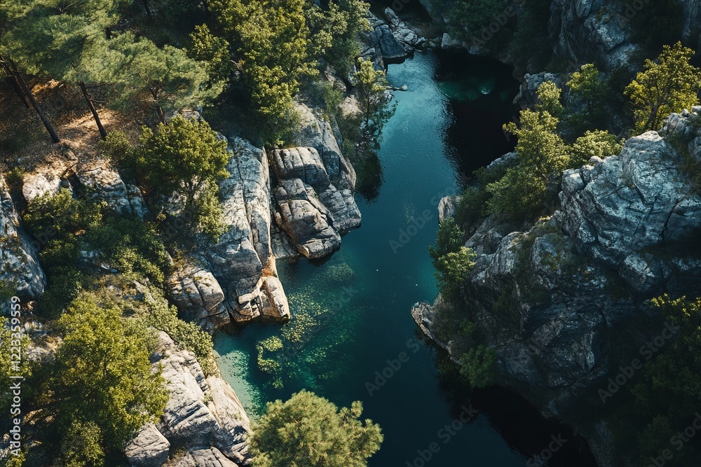 A tranquil scene unfolds as a winding river meanders gracefully through rugged rocky terrain, surrounded by vibrant, lush greenery in a peaceful natural setting