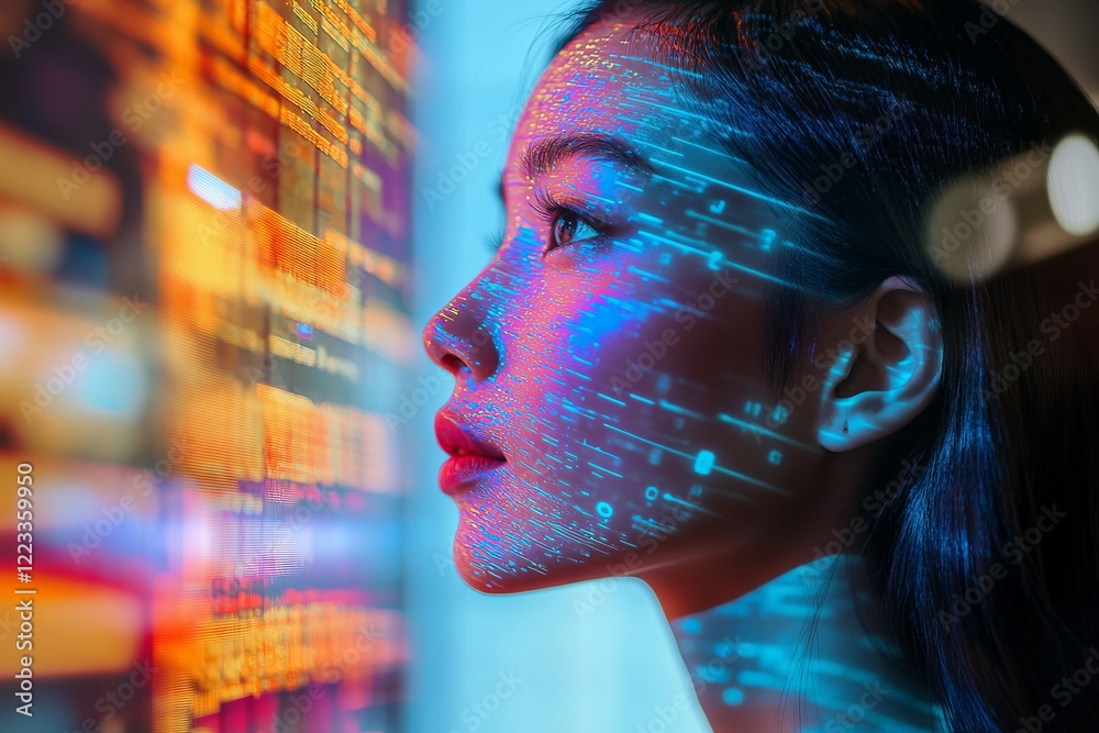 Woman interacting with digital display while vibrant data patterns illuminate her face in an urban environment