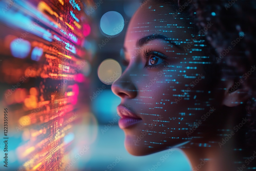 Woman observing vibrant digital data patterns while illuminated by futuristic lights in an urban environment at night
