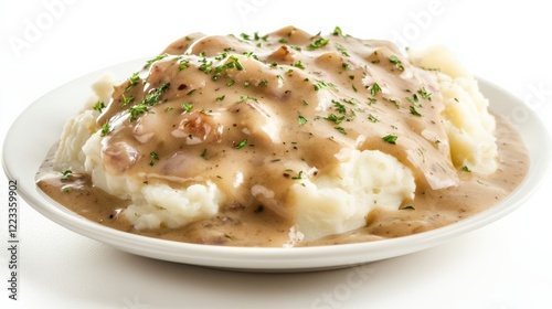 A portion of creamy mashed potatoes with gravy, placed on a clean white backdrop, photo