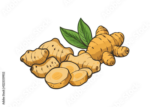 Big Ginger hand drawn colorful set. Ginger plant with root, roots, flowers, leaves and sliced pieces Isolated vector illustration