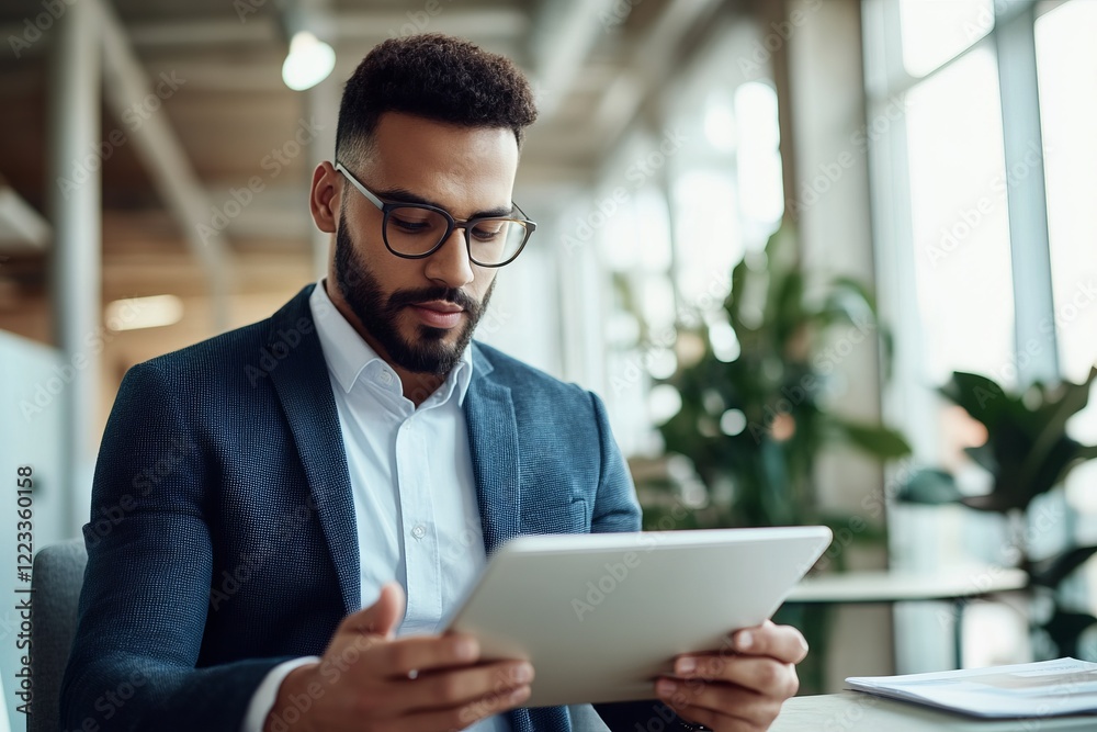 Business professional engaged in tablet use while seated in a bright office environment with plants and modern decor