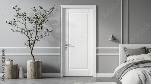 Classic white door with metal handle in modern bedroom interior. The door is close to a copy space wall, providing a spacious and inviting atmosphere. The knob design