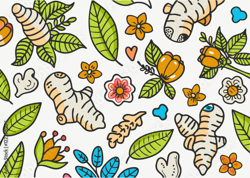 Ginger. Sliced ginger root. leavesVector Hand Drawn. Sketch Botanical t-shirt pattern design