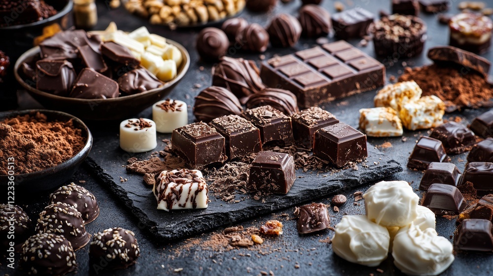 Assorted chocolate desserts on a dark textured surface Assorted chocolate desserts on a dark textured surface