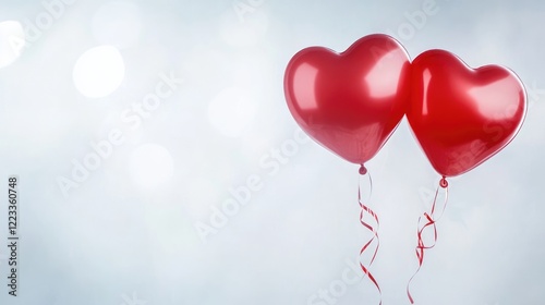 Two Red Heart-Shaped Balloons With Curly Ribbons photo