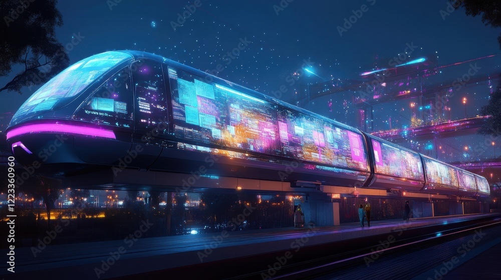 Fototapeta premium A nighttime scene of a monorail system with holographic timetables and maps projected alongside its track pushing realtime public transit innovation.