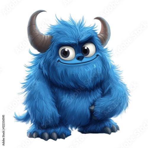 Blue furry monster with horns cartoon character in playful pose against white background, Blue Furry Monster with Horns Cartoon on white background