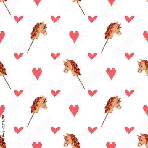 childish seamless pattern of brown horse on stick and red hearts on white background