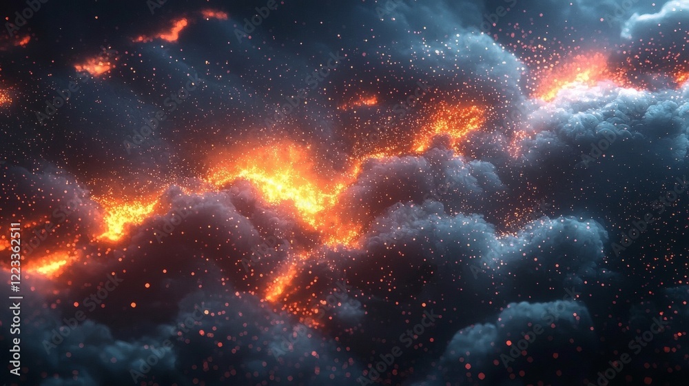 Naklejka premium Fiery Celestial Cloudscape: A Digital Abstract of Cosmic Fire and Nebulae