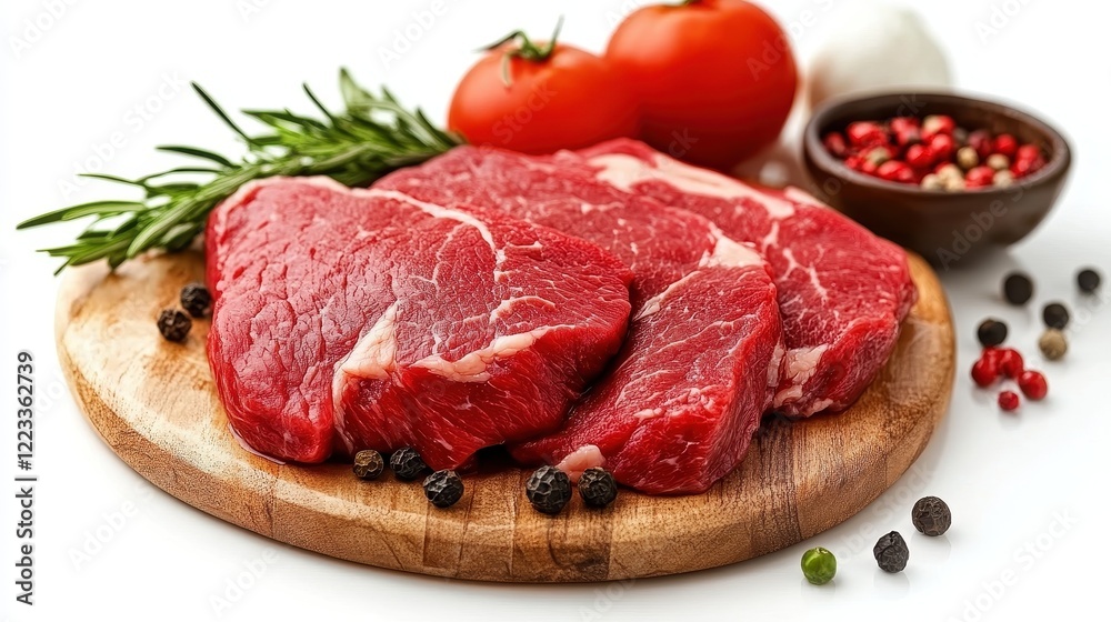 Fresh Raw Beef Cuts with Aromatic Herbs and Vegetables on Wooden Board Fresh Raw Beef Cuts with Aromatic Herbs and Vegetables on Wooden Board