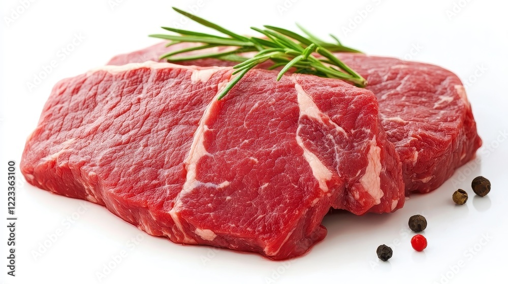 Fresh Cuts of Red Meat with Rosemary and Peppercorns on White Background Fresh Cuts of Red Meat with Rosemary and Peppercorns on White Background