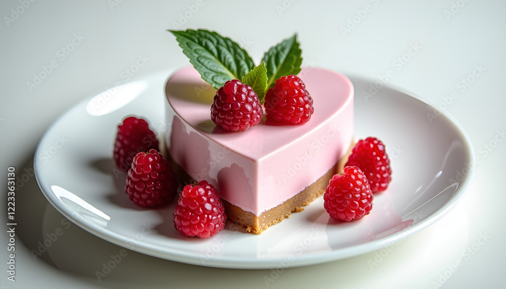 Heart-shaped raspberry mousse cake garnished with fresh raspberries for Valentine's Day dessert Heart-shaped raspberry mousse cake garnished with fresh raspberries for Valentine's Day dessert