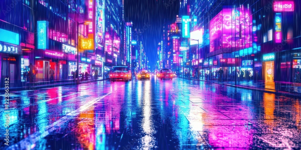 Neon City Street Rain Night Scene Vibrant Lights Neon City Street Rain Night Scene Vibrant Lights