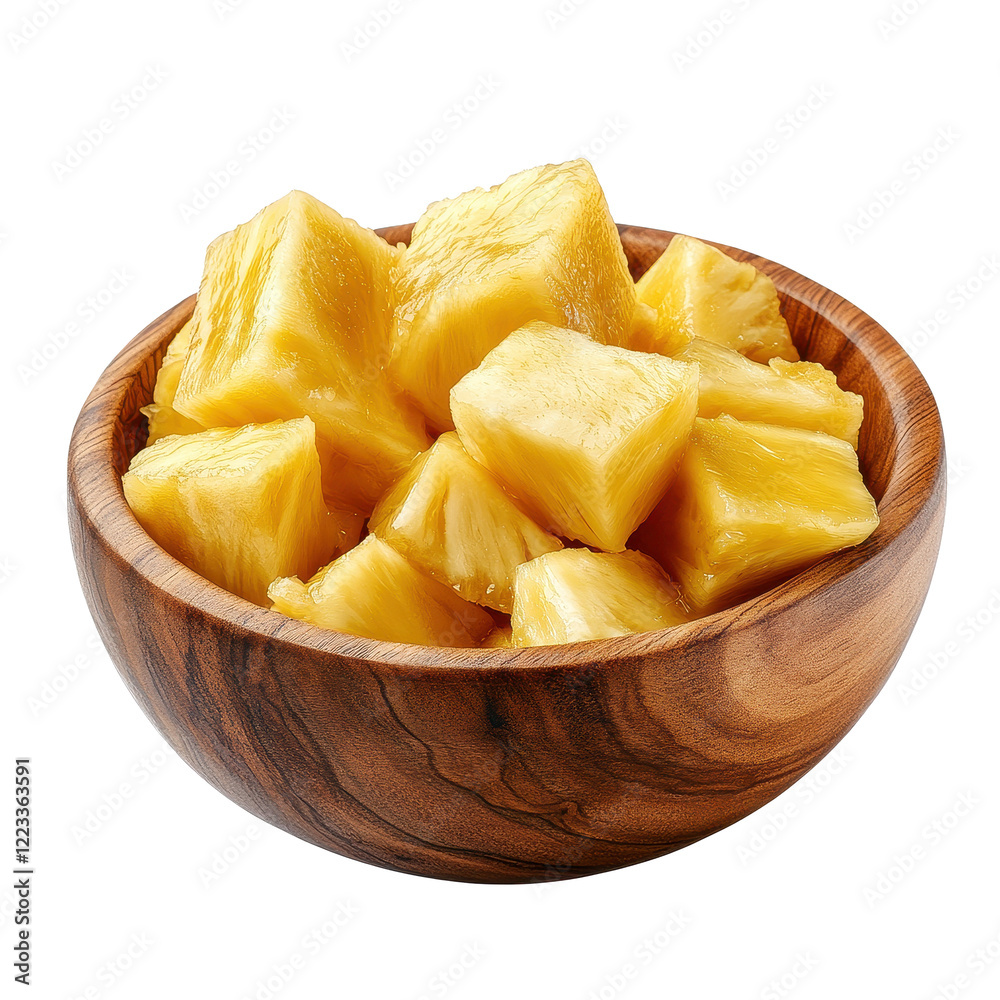 Delicious pineapple chunks in a wooden bowl on a clean surface ideal for healthy snacking, Delicious pineapple in a wooden bowl isolated on Transparent background Delicious pineapple chunks in a wooden bowl on a clean surface ideal for healthy snacking, Delicious pineapple in a wooden bowl isolated on Transparent background