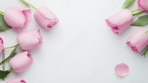 Soft Pink Tulips Gently Arranged On Plain Background photo