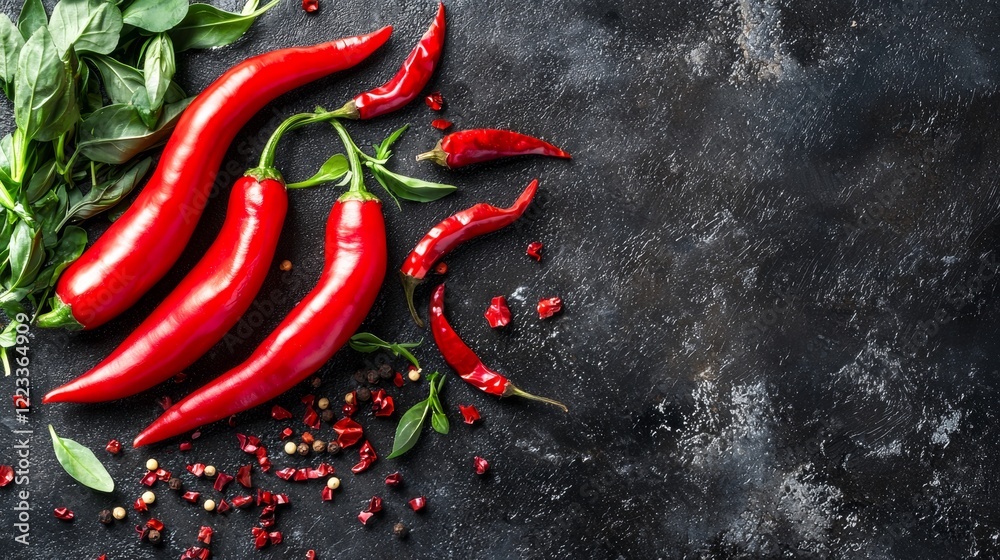 Fresh red chili peppers with scattered seeds on a dark surface Fresh red chili peppers with scattered seeds on a dark surface