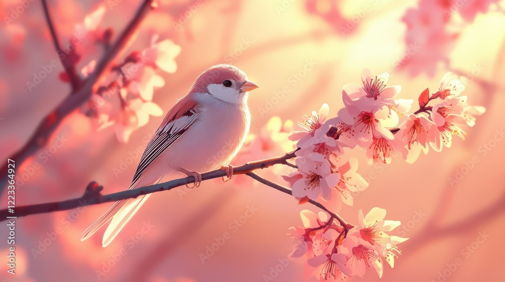 Sparrow perched on cherry blossom branch with soft pastel background Sparrow perched on cherry blossom branch with soft pastel background