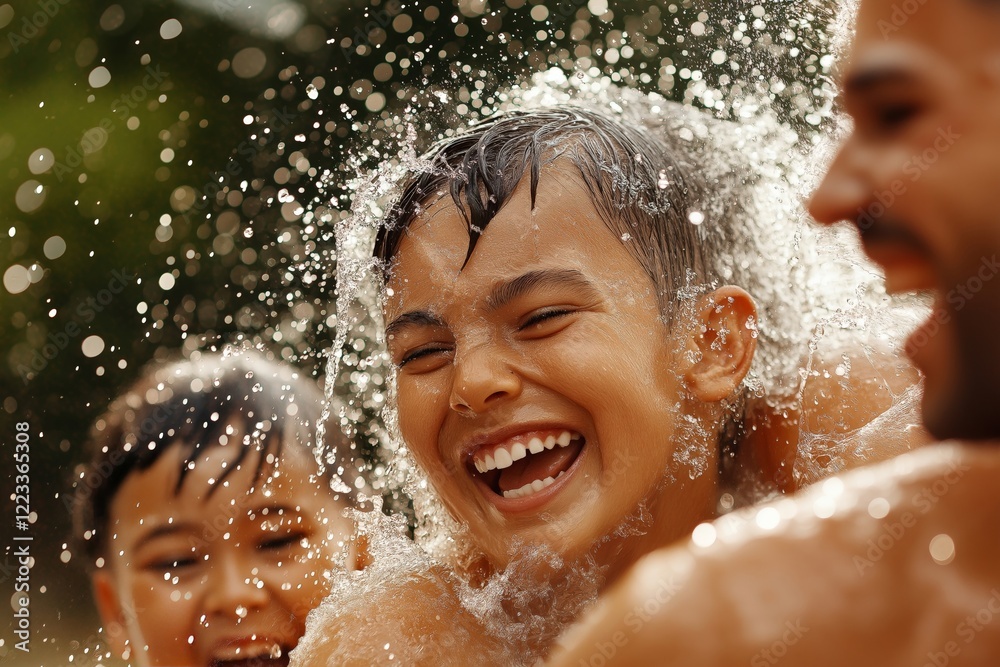 Fototapeta premium A joyful family splashing water on each other outdoors, with children laughing and droplets sparkling in the sunlight, capturing a moment of happiness and fun