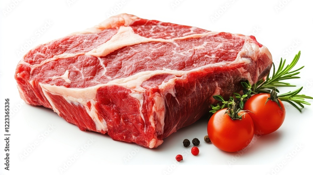 Fresh Raw Meat with Cherry Tomatoes and Rosemary on White Background Fresh Raw Meat with Cherry Tomatoes and Rosemary on White Background