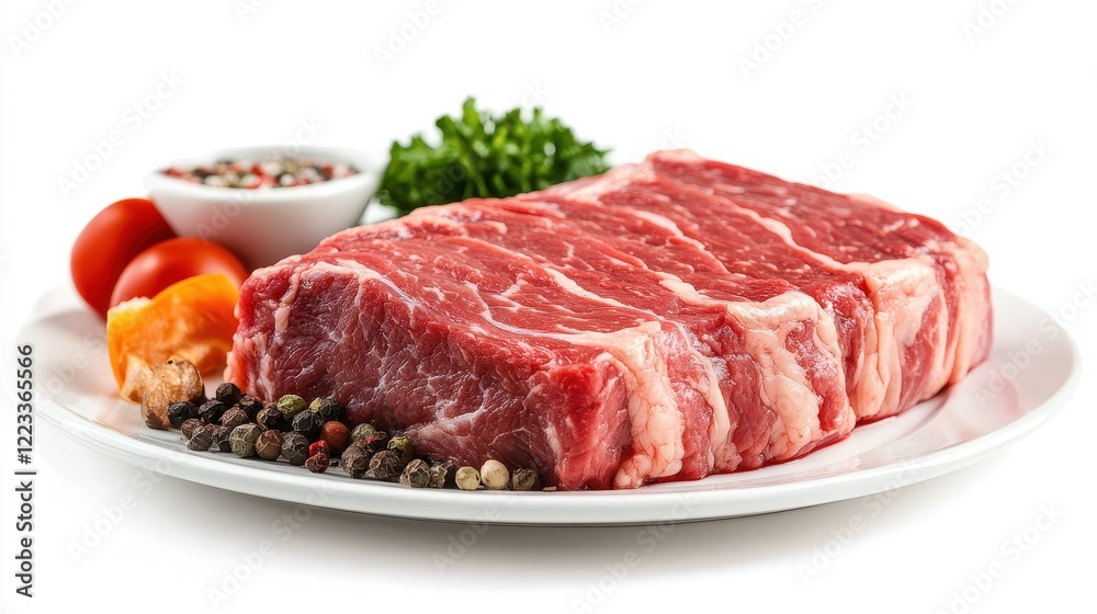 Fresh Raw Meat with Vegetables and Spices on White Background Fresh Raw Meat with Vegetables and Spices on White Background