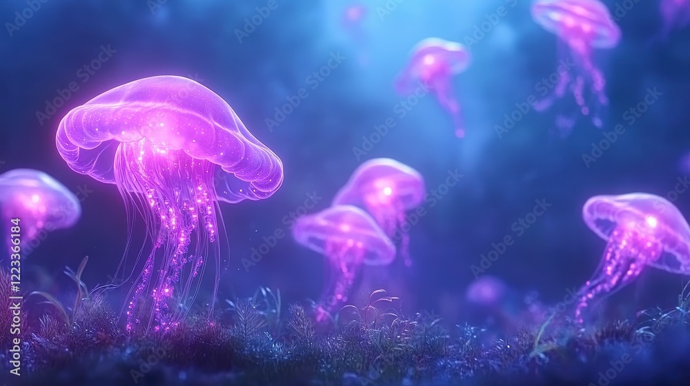 Naklejka premium A mesmerizing underwater scene featuring glowing purple jellyfish floating gracefully amidst a dreamy blue background.
