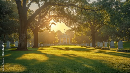 Tranquil Cemetery Pathway Leading to a Mausoleum