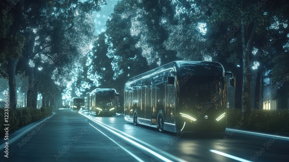 Fototapeta premium Self driving electric buses moving on a tree lined avenue at night, showcasing the future of public transport with autonomous vehicles and sustainable transportation