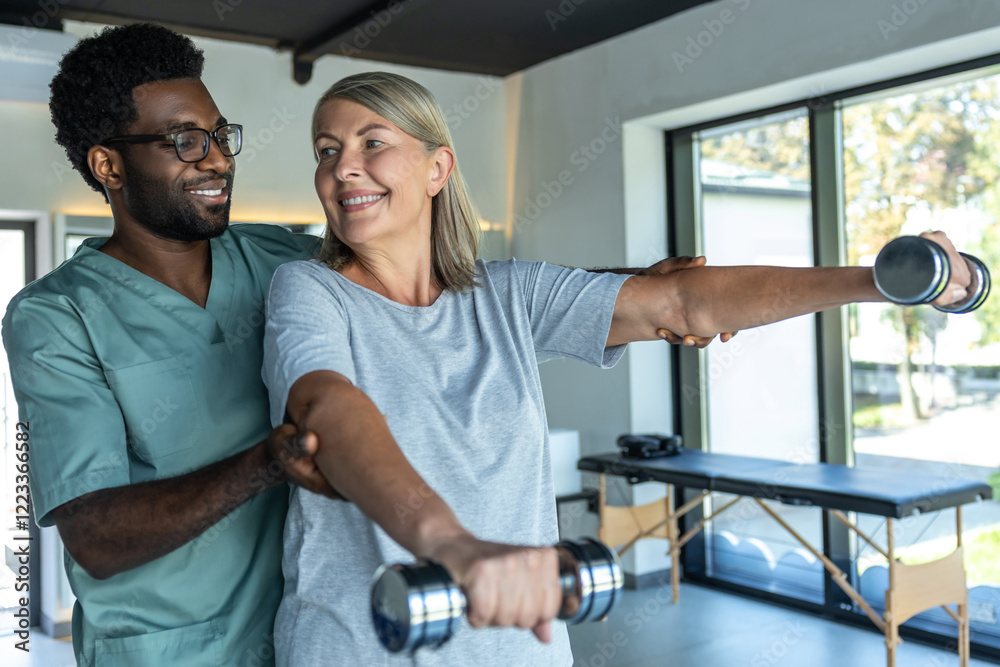 Obraz premium African American doctor helping patient treating arms with dumbbells during rehabilitation session