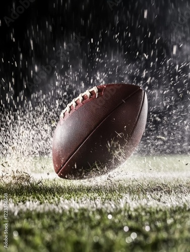 Football in Action with Turf Flying. Dramatic shot of a football hitting the ground with turf and dirt flying, capturing the intensity of the game.