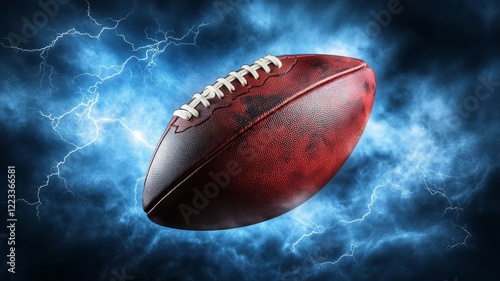 Football with Electric Storm in Background. Electrifying image of a football against a stormy blue background with lightning bolts, symbolizing intensity.