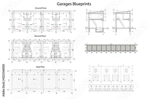 Garages detailed architectural technical drawing, vector blueprint	