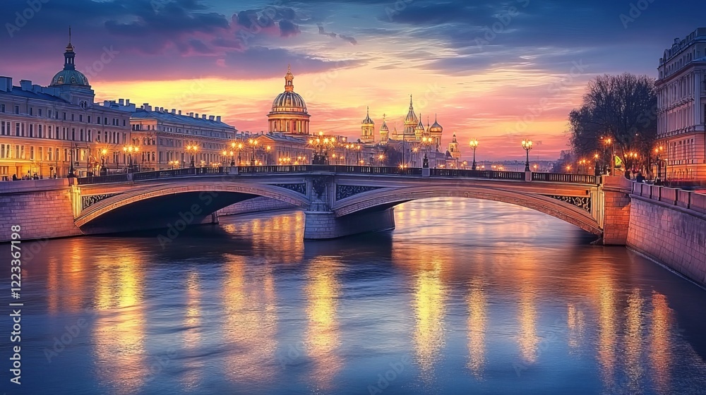 Obraz premium St. Petersburg's iconic Palace Bridge, spanning the Neva River, stands as a symbol of the city. Its majestic silhouette at twilight, during the famed White Nights